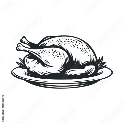 Detailed black and white illustration of a roasted turkey on a platter