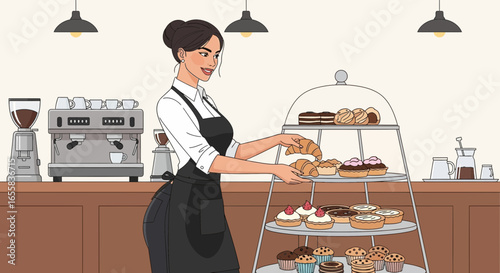 Attractive barista at work arranging fresh pastries at a coffee shop