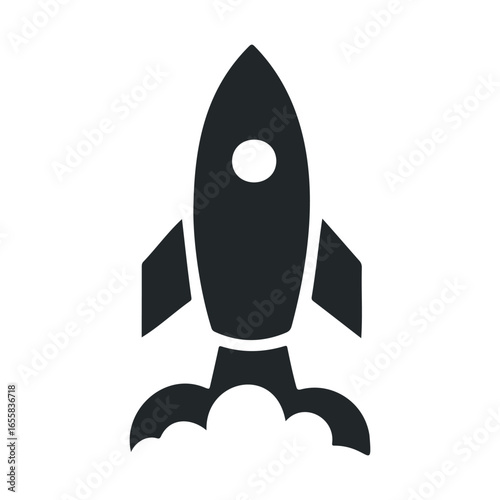 Simple black rocket icon with smoke trail on white background for innovation and space themes