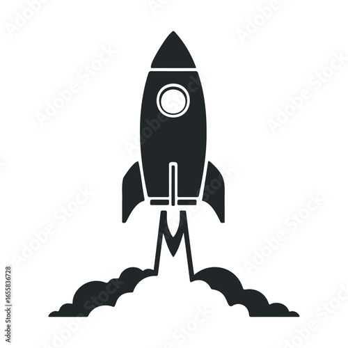 Minimalist black rocket silhouette launching with cloud trail on white background