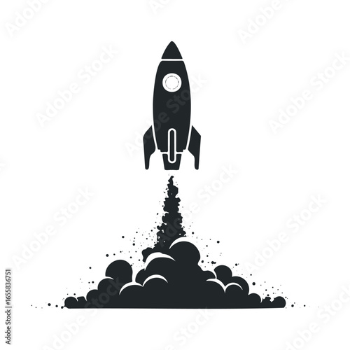 Monochrome rocket launch with smoke trail on white background