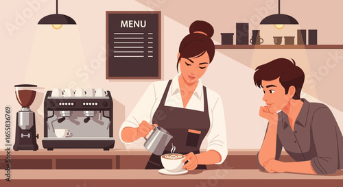 Barista crafting latte art for customer in inviting coffee shop scene
