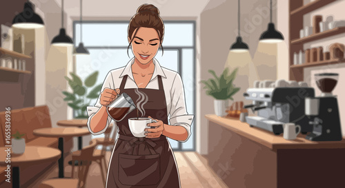 Barista woman preparing and pouring coffee in cozy cafe environment