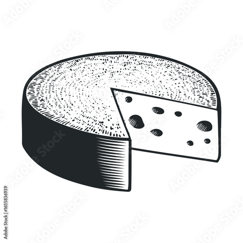Hand-drawn cheese illustration with sliced wedge and textured surface