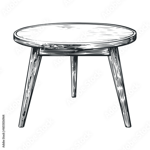 Vintage style round wooden table with three tapered legs in black and white sketch