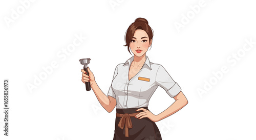 Charming barista anime illustration with coffee portafilter in hand