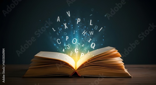 fantasy magic open book with alphabet letters flying out knowledge imagination imagination