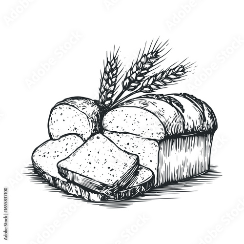 Hand-drawn illustration of freshly baked bread loaf with wheat stalks