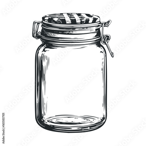 Detailed black and white sketch of a glass mason jar with lid