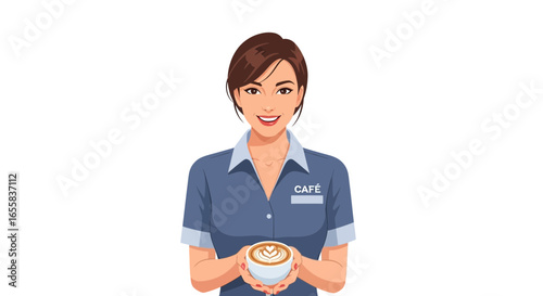 Charming barista serving a delicious cappuccino with a heart latte art