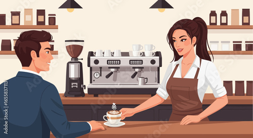 Charming barista serving aromatic latte art to a satisfied customer at cafe