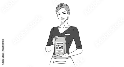 Charming barista presents premium coffee beans with inviting smile