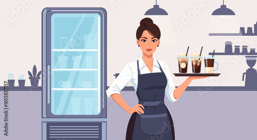 Charming barista showcases a curated beverage selection in a cozy cafe setting