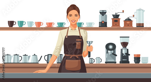 Charming barista showcasing professional coffee preparation with stylish setup