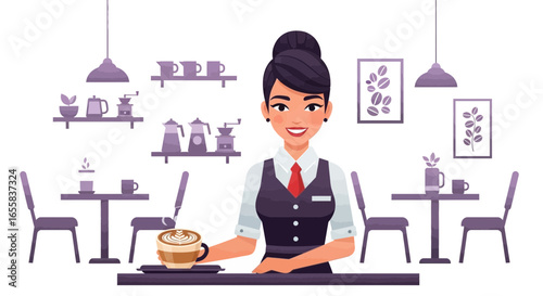 Cheerful barista presenting a latte in a stylish cafe ambiance illustration