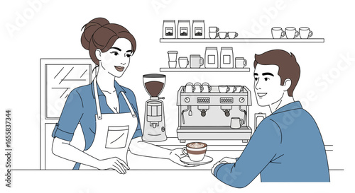 Cheerful barista serving a cappuccino to a smiling customer in a cafe scene