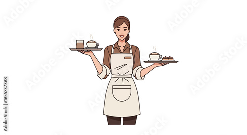 Cheerful waitress serving coffee and pastries with a welcoming smile