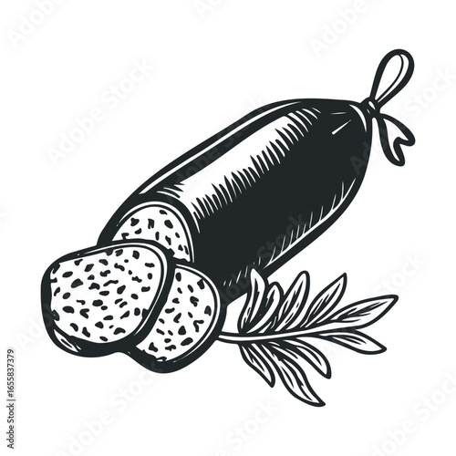Hand-drawn sausage and herb illustration