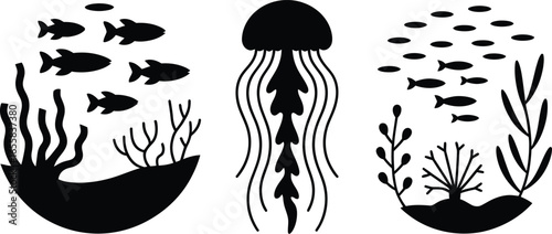 Diverse aquatic life and fish silhouettes for marine and ocean themed designs silhouette
