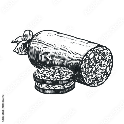 Hand-drawn illustration of sliced salami on white background