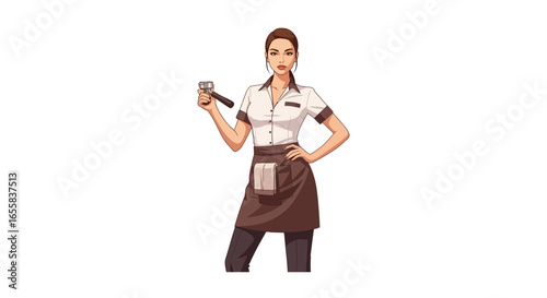 Confident barista presenting coffee filter holder on white background