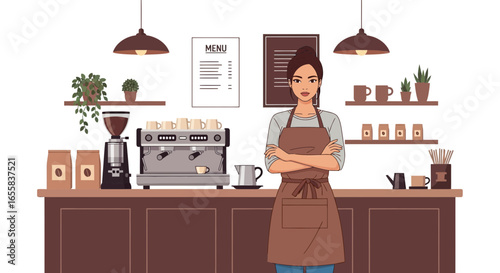 Confident barista standing in modern coffee shop with equipment and menu