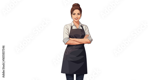 Confident female entrepreneur in apron, illustration character, poised and smiling