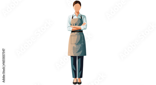 Confident female worker in apron posing against white background illustration