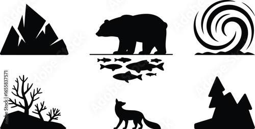 Collection of arctic animal and landscape icons in a distinctive silhouette style