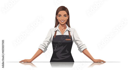 Confident woman wearing a barista apron ready to provide great service