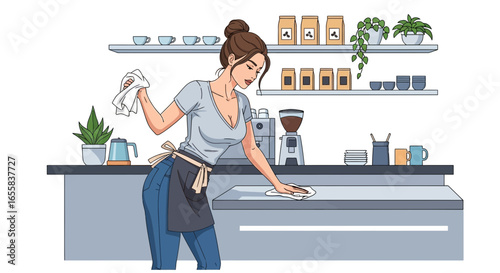 Dedicated barista diligently cleans the countertop for optimal hygiene standard