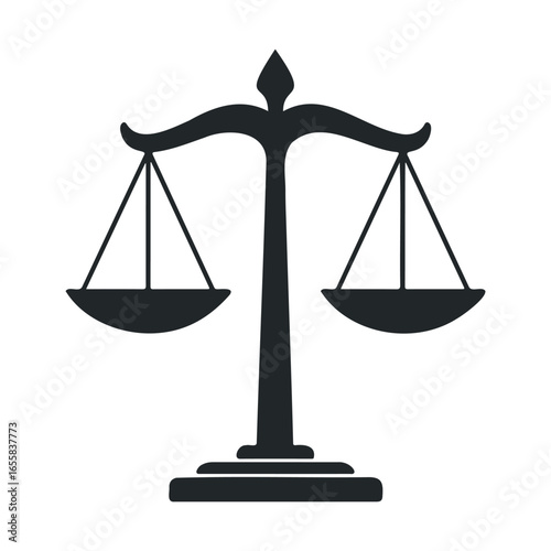 Black silhouette of balanced scales of justice on white background