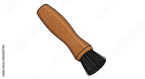 Detailed Illustration of Brush with a Wooden Handle and Black Bristles