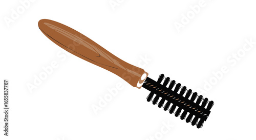 Detailed illustration of a stylish round hairbrush with wooden handle