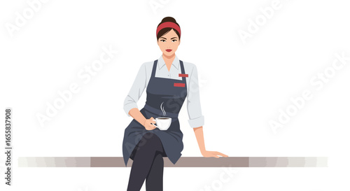 Elegant barista enjoying a moment of peace with coffee break illustration