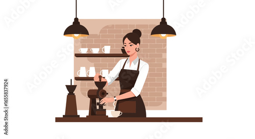 Elegant barista grinds coffee beans in a cozy cafe setting with warm lighting