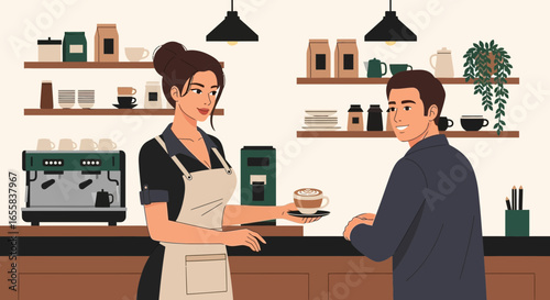 Elegant barista offering artisanal coffee to a customer in a trendy cafe