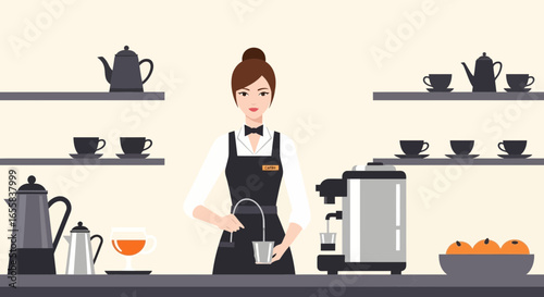 Elegant barista preparing beverages in stylish cafe, minimalist design