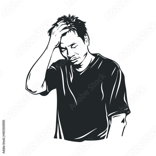 Illustration of a pensive asian male adult reflecting with hand on head