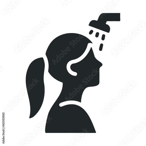 Icon of female showering with water stream from showerhead