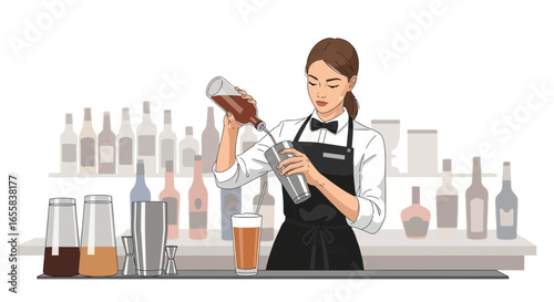 Elegant bartender crafting a cocktail behind the bar with artistic style