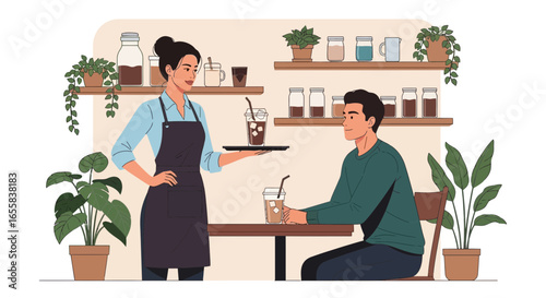 Elegant coffee house scene featuring friendly barista and relaxed customer