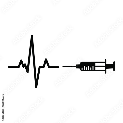Heartbeat line leading to a syringe, symbolizing medical treatment, vaccination, and healthcare interventions for life and vitality
