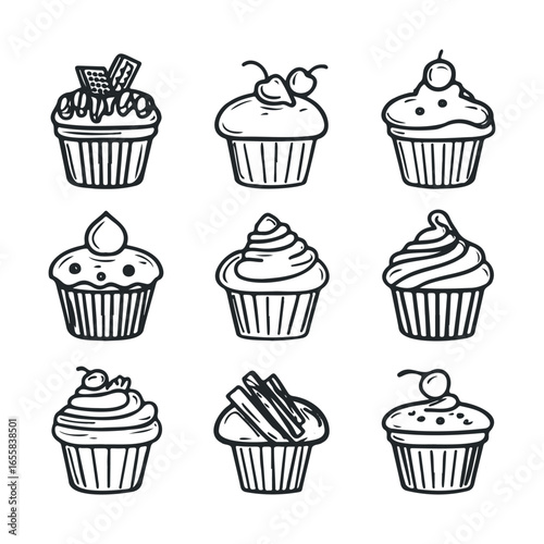 Hand-drawn cupcake illustrations with toppings and frosting designs