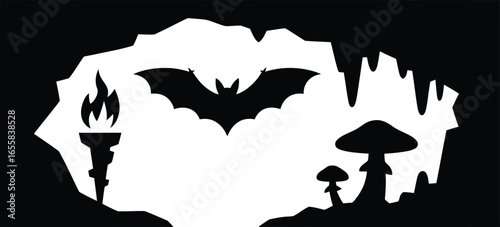 Cave exploration with a bat holding a torch and glowing mushrooms silhouette