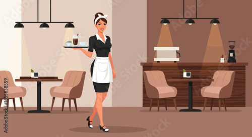 Elegant waitress serving beverages in a stylish cafe setting illustration