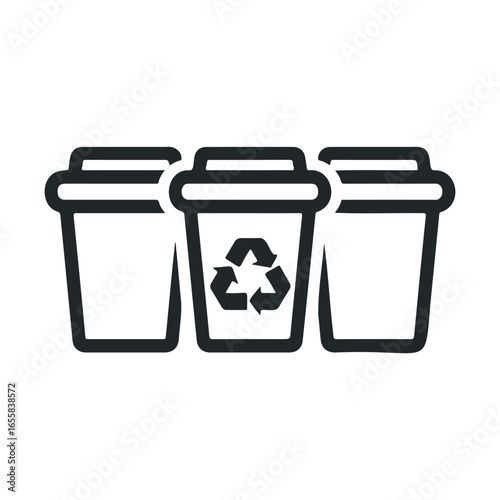 Triple waste bins with recycling symbol illustration in black and white