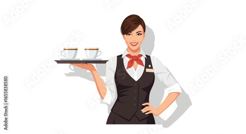 Elegant Waitress Serving Two Cups of Coffee with Grace and Professionalism