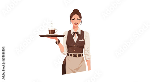Elegant Waitress Serving Hot Coffee in a Classic Style Illustration