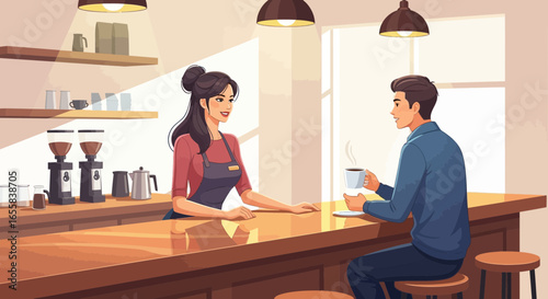 Engaging coffee shop scene with a barista and a patron in a modern setting